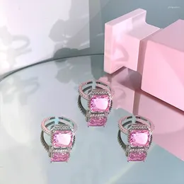 Cluster Rings Top Quality Luxury Shiny Big Pink Quartz Square Cubic Zirconia Crystal Open Finger For Wedding Engagement Bride Jewelry