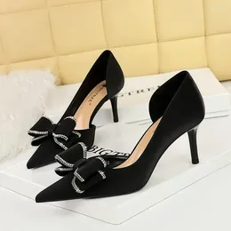 Dress Shoes Large Size 43 Women Pumps Bowknot Kitten Heels Silk Satin Ladies Stilettos 7cm BIGTREE Sexy High