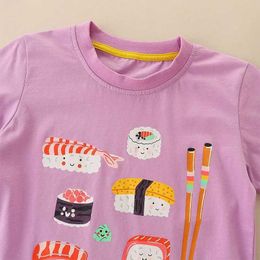 T-shirts Little maven 2024 Kids Clothes for Baby Girls Tops Korean Teenagers Purple Blouses T-shirt Cartoon Food Sushi Cotton Chidlren Y240521