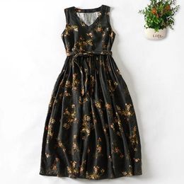 Casual Dresses Limiguyue Summer Sleeveless Floral Print Black Dress Women Lace Up Cotton Linen Vest Literary A-Line Tank Vestidos E816