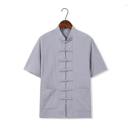 Men's Casual Shirts Cotton Linen Shirt Tang Suit One Word Button Short Sleeve Hirt Chinese Style Men Tops Male Loose Outfit