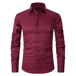 Big Size S-8XL Mens Casual Shirts Solid Colour stretch cloth men long sleeve fashion shirt slim top Black white wine red Polyester tops breathable Clothes 06a