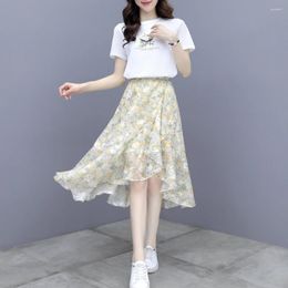 Work Dresses 2024 Summer 2 Piece Set Women White Short Sleeve T-shirt Fashion Floral Print Ruffles Irregular Chiffon Midi Skirts