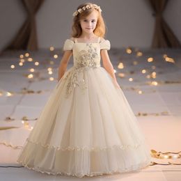 Elegant Teen Girls Birthday Party Princess Lace Appliques Bridesmaid Flower Dress for Wedding Kids Formal Prom Long Gown