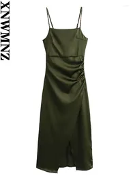 Casual Dresses XNWMNZ Women's Fashion 2024 Beaded Slip Dress Women Party Style Straight Neck Thin Straps Side Split Female Midi