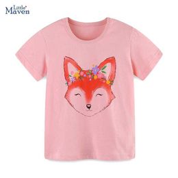 T-shirts Little maven 2024 Kids Clothes for Baby Girls Summer Pink T Shirts Cartoon Fox Childrens Clothing Cotton Tops Tees Y240521