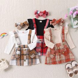 Clothing Sets 0-36months Baby Girls 3pcs Outfits Long Sleeve Romper Plaid Suspender Skirt Headband Set Infant Spring Autumn Clothes