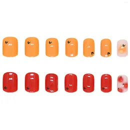 False Nails Orange Red Fake With Fruit Printed Charming Comfortable To Wear Manicure For Women And Girl Nail Salon