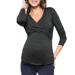 V-neck Maternity Nursing Tops Pregnant Women Long Sleeve Undershirt Breastfeeding Clothes L2405