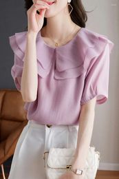 Women's Blouses Shirt Women 2024 Summer Design Feeling Niche Purple Lotus Short-sleeved Top Chiffon