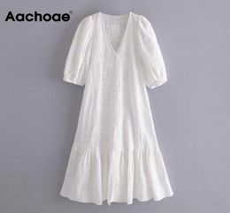Aachoae Chic Floral Embroidery Midi Dress Women V Neck Puff Sleeve Sweet Dresses Ladies Elegant A Line White Cotton Dress 2106086427913