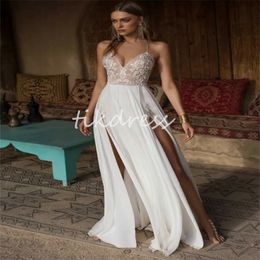 Spaghetti Straps Forest Bohemian Wedding Dresses 2024 Scoop Neck Long Sleeve Boho Chiffon Bridal Gowns Civil Rustic Country Bride Dress With Slit Applique Lace