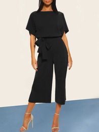 Women's Jumpsuits Rompers Jumpsuit Romper Womens Casual Short Sleeve Wrap O-Neck Belted Wide Leg Pants Office Wear Female Clothing Summer Elegant Siamese Y240521