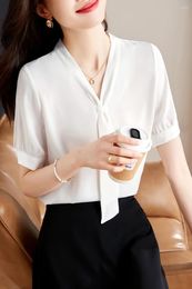 Women's Blouses Short-sleeved Shirt Women 2024 Summer High-grade Commuter White Chiffon With Streamer