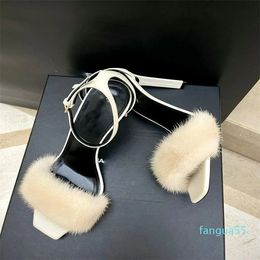 Famous Brands Women Sandals Shoes White Black Patent Leather Mink Fur Strappy High Heels Lady Party Wedding Gladiator Sandalias EU35-43