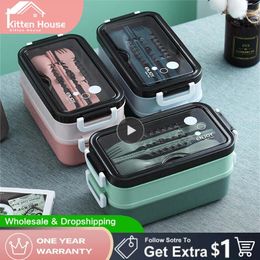 Dinnerware 304 Stainless Steel Lunch Box 2 Layers Grids Student Office Worker Microwave Bento Outdoor Picnic Container With Fork Spoon