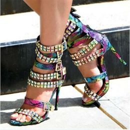 Fashion Women New Open Toe Gold Rivet Stiletto Gladiator Strap Buckles High Heel 5f0