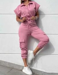 Women's Jumpsuits Rompers Slim Jumpsuit Women 2023 Workwear Sports Style Zipper Design Roll Hem Top Drawstring Pocket Design Cuffed overalls for women Y240521