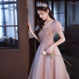 Party Dresses Pink Tulle Evening Women Puff Sleeves Appliques A-line Sweet Graduation Dress Exquisite Elegant Performance Gown