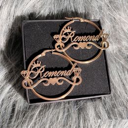 Hoop & Huggie Hie Custom Name Earrings With Crown Personalised Love Diamond 316 Stainless Steel 30Mm-100Mm Nameplate For Drop Deliver Dhrmc