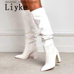 Boots Liyke size 35-42 white pleated leather boots for womens autumn and winter thick high heels motorcycle knees high heels Botas Larges printed quality Q240521