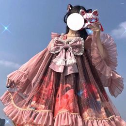 Casual Dresses Original Design Lolita Chinese Style Princess Dress Sweet Girls OP Long-Sleeved Pink Bow Cute A-line Fairy