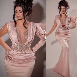 2022 Sexy Mermaid Pink Evening Dresses Arabic Long Sleeves Illusion Crystal Beads Floor Length Party Prom Gowns Special Occasion Wears 182L