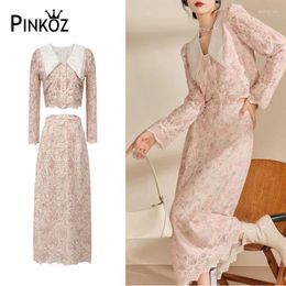 Work Dresses Pinkoz Vintage Clothing Pink Lace Embroidery Two Pieces Set Short Elegant Shirt Single Breasted Blouse Pencil Skirts Robe