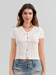 Women's T Shirts Womens Crochet Knit Short Sleeve Cardigan Sweaters Solid Colour Loose Fit Open Front Crop Tops Steetwear