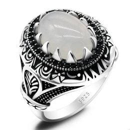 Band Rings Natural Agate Ring For Men Pure Sterling Sier Punk Vintage White Stone With Black Zircon Male Turkish Jewelry Gift Drop De Dh39T