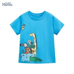 T-shirts Little maven 2024 New Summer Young Childrens Clothing Blue T-shirts Cartoon Animals Fashion Infant Baby Boys Kids Clothes Y240521