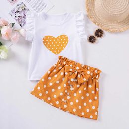 Clothing Sets Sweet summer set for girls Heart pattern short-sleeved clothes Cute bow polka dot print dress Y240520T69G