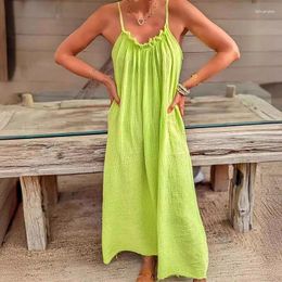 Casual Dresses 2024 Beach Vacation Long Dress Sexy Hollow Off Shoulder Pleated Women Fashion Solid Colour Sleeveless Suspenders Sun