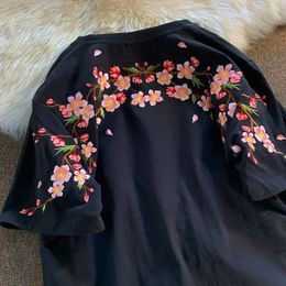 High end niche design heavy industry embroidery flower t-shirt top men and women summer loose chic couple short sleeved t shirts 240520