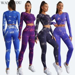 Dye WANAYOU Tie Yoga Set Long Sleevees Sports Leggings Quick Dry Fiess Top With Chest Pads Workout Clothes for Women F2405 F2405