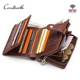 CONTACTS Genuine Leather RFID Vintage Wallet Men With Coin Pocket Short Wallets Small Zipper Walet With Card Holders Man Purse 240521