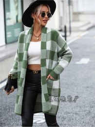 Women's Vests Fashion Women Sweaters Coat 2024 Chequered Contrast Winter Warm Knitted Cardigan Loose Ladies Sweater Autumn Tops