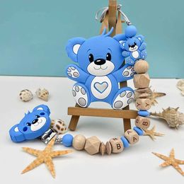 Pacifier Holders Clips# Personalised English Wooden Letter Name Baby Bear Silicone Pendant Nipple Clip Chain Frame Teeth Baby Cavai Toy Gift d240521