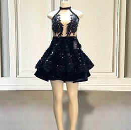 Sparkly Sequin Black Short Prom Dresses 2024 Glitter Beaded Lace Appliques Sexy Girls Women Mini Cocktail Gowns for Birthday Party Custom Made