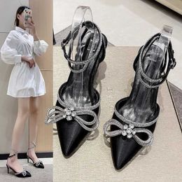 Dress Shoes Glitter Rhinestones Women Black Pumps Bowknot Satin Ladies Sandals 2024 Summer Strap High Heels Party Prom Designer Shoes H240521