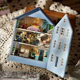 Mini Wooden Dollhouse With Furniture Light Assembly Model Villa Architecture Kit Handmade 3D Puzzle DIY Doll House Toy Gifts
