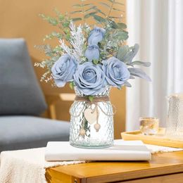 Decorative Flowers Simulated Rose Bouquet Living Room Home Decoration Artificial Flower Glass Vase Set