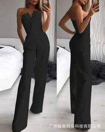 Women's Jumpsuits Rompers Women Jumpsuit 2023 High Street Sleeveless Long Slim Floor Length Wide Leg High Waist Party Office Lady Jumpsuit Solid Colour Y240521