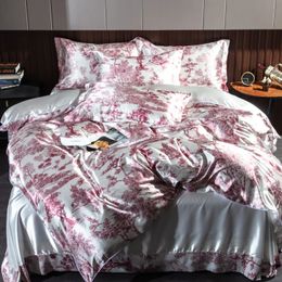 Washed natural silk bedding luxurious printed duvet cover set soft down duvet cover flat bed sheets pillowcases large size set 240518