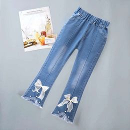 3-12 Year Old Girls' Jeans 2024 New Children's Fashion Lace Long Sweet Korean Bow Flare Loose Casual Pants