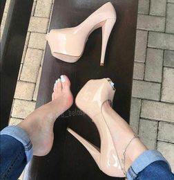 Nude Patent Leather Ultra High Heel Shoes 16cm Woman Wedding Shoes Platform Stiletto Heels Open Toe Pumps Women Plus Size1468612