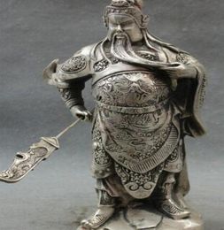 10quot Chinese Silver Dragon Head Loyalism Warrior GuanGong Guan Yu God Statue metal handicraft3118650