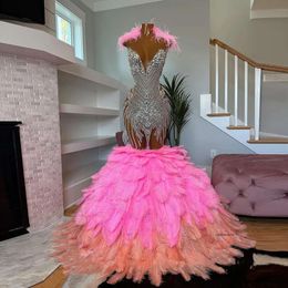 Pink Mermaid Prom Dress Crystal Beaded Diamonds Feathers Bottom Formal Party Evening Dresses Graduation Gown Robe De Bal 0521