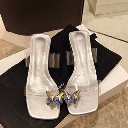 Dress Shoes Clip Toe Flipflops Woman Thong Silver Slippers Wedges Sandals PVC Shoes Low heel comfortable butterfly embellished mules sandals H240521