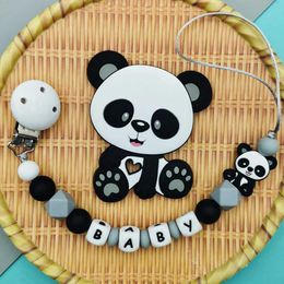 Pacifier Holders Clips# Customised English Russian alphabet name baby silicone panda pacifier clip chain teeth pendant baby teeth kawai toy gift d240521
